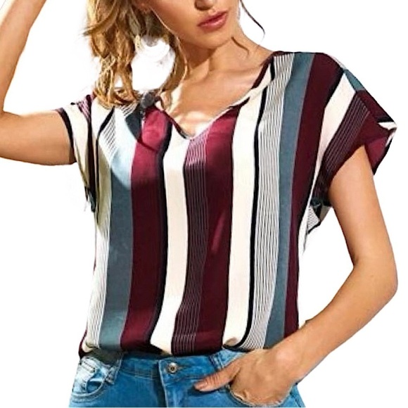Striped V-Neck Batwing Sleeve Blouse Top - Picture 1 of 5